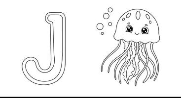Engaging J is for Jellyfish Learning Alphabet Coloring Page Activity for Kids vector