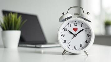White alarm clock with heart symbol on desk near laptop and plant, representing time management and productivity in a modern workspace, time management concept photo