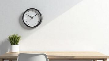 Modern workspace with a clock on the wall, a plant on the table, and a minimalist chair, creating a serene atmosphere for productivity and focus concept photo