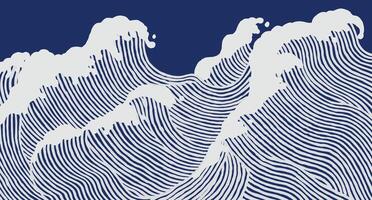 Crafted hand drawn brush lines abstract big waves in the ocean pattern, Japanese and ethnic wood carving texture background in white and blue, simple graphic for textile, carpet, decoration vector