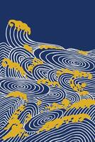 Hand drawn brush lines abstract ocean swirl waves and water pattern, Japanese and ethnic wood carving texture background, traditional style graphic for textile, carpet, decoration vector