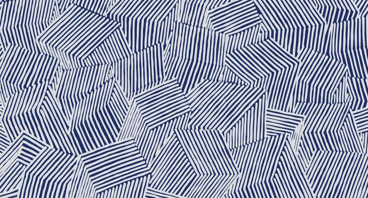 Hand drawn brush lines abstract geometric cubes pattern in white and blue, Japanese and ethic wood carving, engraving texture background, simple graphic for textile, carpet, wrapping paper