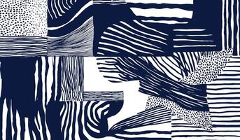 Crafted hand drawn brush lines abstract patchwork and collage pattern, Japanese, ethnic and tribal wood carving, engraving texture background in white and blue, simple and naive graphic for textile vector