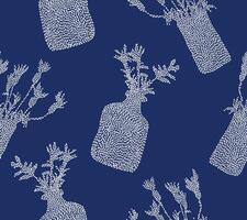 Hand drawn brush paint daub, flowers in vases white speckle ink seamless pattern, Japanese and ethnic small brush marks texture surface background in blue, simple and cute graphic for textile vector
