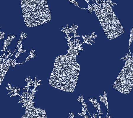 Hand drawn brush paint daub, flowers in vases white speckle ink seamless pattern, Japanese and ethnic small brush marks texture surface background in blue, simple and cute graphic for textile
