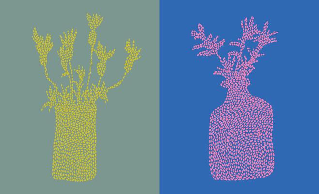Hand drawn paint brush small ink speckle flowers in vases in colorful style background, folk paint daub, colors mark, simple graphic for textile, decoration