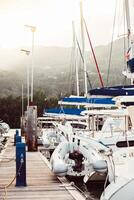 Boats docked at marina with mountain backdrop, suitable for background photo