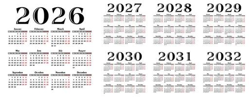 Calendar templates for a year 2026 - 2032. vector