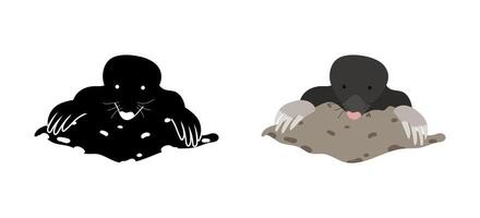 Mole digging and emerging from the ground and its silhouette vector
