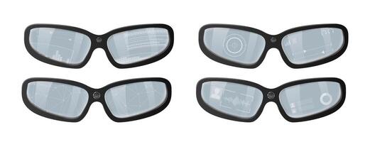 Four pairs of smart glasses showing augmented reality interfaces vector