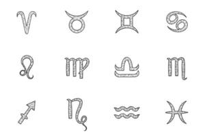 Set of twelve hand drawn zodiac signs representing Aries through Pisces, forming a detailed visual of the astrological wheel vector