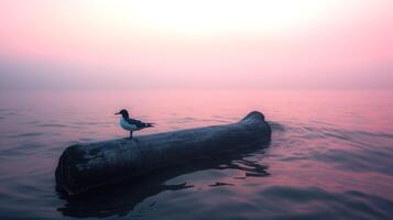Seagull perched on a log in tranquil waters during a serene sunset, creating a peaceful atmosphere and showcasing nature's beauty, calmness concept photo