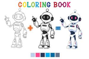 Cute white robot cartoon pointing at something in coloring book style vector