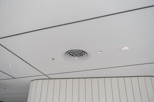 Clean modern office ceiling featuring air vents, recessed lighting, and grid pattern with smooth white panels creating sleek and professional atmosphere photo