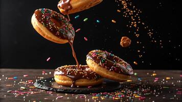 Chocolate donuts with sprinkles in dynamic arrangement on dark table photo