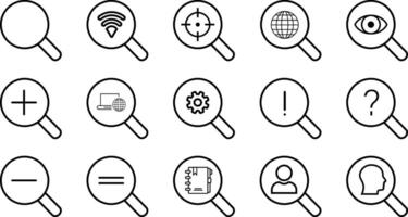 Search line icons set. Zoom, find document, magnify glass symbol, look tool, Simple flat outline signs for web interface. in modern style Editable Strokes. vector