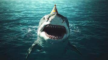 A cheerful shark pops up with a colorful party hat, radiating joy photo