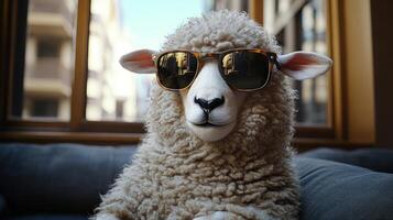 A fluffy sheep sits comfortably in a modern indoor setting, exuding charm and style photo