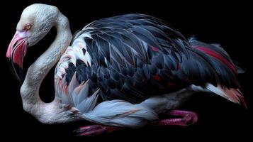 A magnificent flamingo rests gracefully while showcasing its vivid feathers in twilight photo