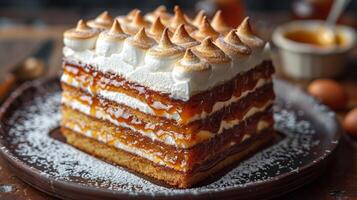 Indulge in a layered cake with a glossy caramel finish and sweet meringue peaks photo