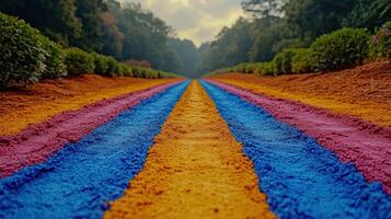 Colorful paths of sand stretch through a lush garden under a soft sunset glow photo