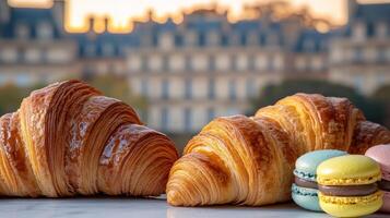 Delight in a selection of buttery croissants and vibrant macarons as the sun rises photo