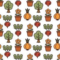 Seamless pattern of onions and flowers, a set of vegetables, a drawing, a hand drawn illustration. vector