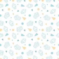 Cupcakes and cakes with a pastel seamless pattern on the background. vector