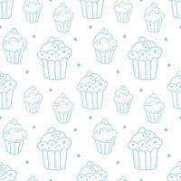 Abstract blue pattern, background of elements and delicious cupcake. Funny simple texture, doodle style. vector