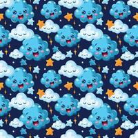 Blue seamless pattern with clouds, highlights and stars for design. Happy childhood dreams. vector