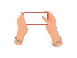 User holding phone sticker. Hand grips smartphone sticker with screen displaying a template. Gesture of interaction, digital communication, and social media usage in a mobile context. vector