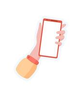 Sticker of hand holding phone. Character with smartphone in palm. Blank screen template, digital device, suitable for app promotions and online media usage. vector