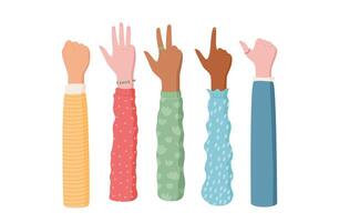Cartoon hand count gesture set in a flat style. These representations of finger poses and arm signals capture various palm and number positions. Ideal for educational uses creative projects. vector