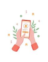 Phone held in two hands with payment app displayed. Digital device shows options for online order and sale on its screen. User engages with mobile technology for simple shopping, effective vector