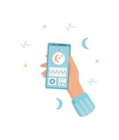A hand holds a smartphone with a sleep app on the screen. The phone displays simple night data and sleep icons. This mobile device shows clean media information, ideal for technology usage. vector