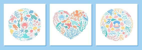Underwater heart and circle doodle in cartoon graphic style. Vibrant ocean concept features marine life such as fish, coral, turtle, and starfish. Aquatic shapes create a seamless round pattern, vector