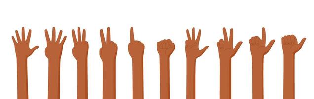 Cartoon hand count gesture number set. Bare arms and fingers in silhouette pose. Hands show varied palm positions, flat style illustration. Ideal for educational and professional use. vector