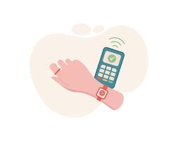 Female hand smartwatch payment. Gesture of making a payment. Digital wallet concept, flat style, suitable for business and finance themes. vector