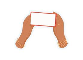 Sticker of hand holding phone. User using smartphone. Mobile device with blank screen, flat template for various applications. vector