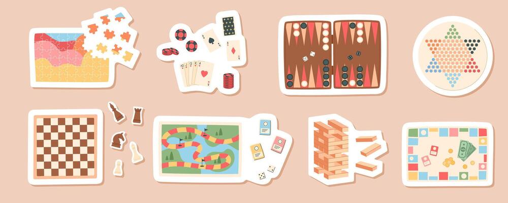 Flat cartoon sticker set with board games. Includes chess, card, jenga, table activities, and puzzle pieces. Fun collection of boardgame entertainment for kids, family leisure, and childhood