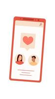 Smartphone displays a dating app on the screen. Mobile app features profiles of people for online interaction. Chat application connects users through communication, flat design, ideal for digital vector