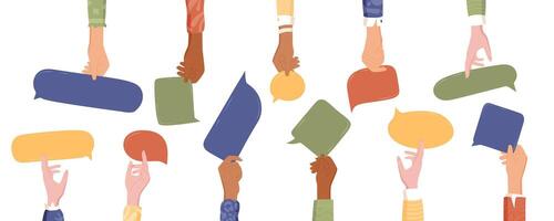 Flat multicultural hands with vibrant concept emphasize teamwork and community. Diverse people and solidarity highlight care. Charity volunteer background support connection. vector
