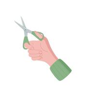 Hand holding scissors. Human character with a tool in a flat design. This gesture signifies creativity and action, ideal for concepts of crafting or DIY projects, in cartoon graphic style. vector