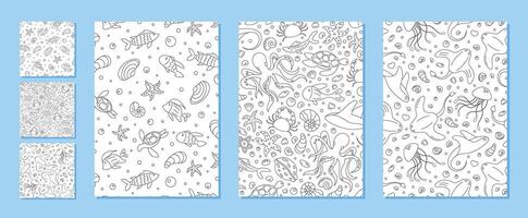 Underwater marine seamless pattern set with cartoon fish and aquatic elements. Ocean doodle outline background, featuring a variety of aquatic creatures. Ideal for playful themes and marine designs. vector