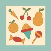 Retro grunge sticker set with funky shapes. Flat fruit icons feature playful candy forms and minimal patch details. Perfect for y2k or brutalism inspired decorations, square frames, or creative vector