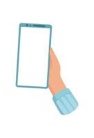 A hand holds a smartphone with a blank screen. The user gestures with their finger on the digital device. This mobile phone template illustrates advanced technology in simple visual style, suitable vector