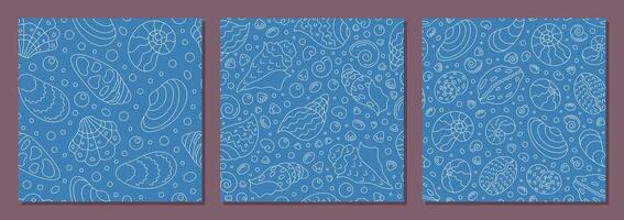 Seamless marine pattern set with seashells and conch in outline style. Ocean underwater motifs include shell and sea elements. Perfect doodle background for aquatic decor creative designs, ensuring vector
