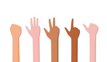Flat cartoon set of hands with fingers in varied gestures. Hands, each with different arm positions, show unique signals and numbers. Ideal for character design, educational purposes, or fun vector