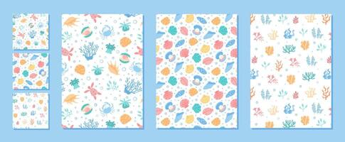 Seamless marine pattern set in flat, cartoon graphic style. Underwater life features shells, fish, reef, and ocean elements. Perfect for aquatic backgrounds, summer designs, and decorative textures. vector