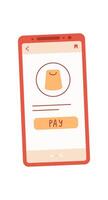 Smartphone displaying a payment app interface in a flat design. Mobile device features user order screen with buy button. Designed for online commerce and digital transactions, perfect for e vector